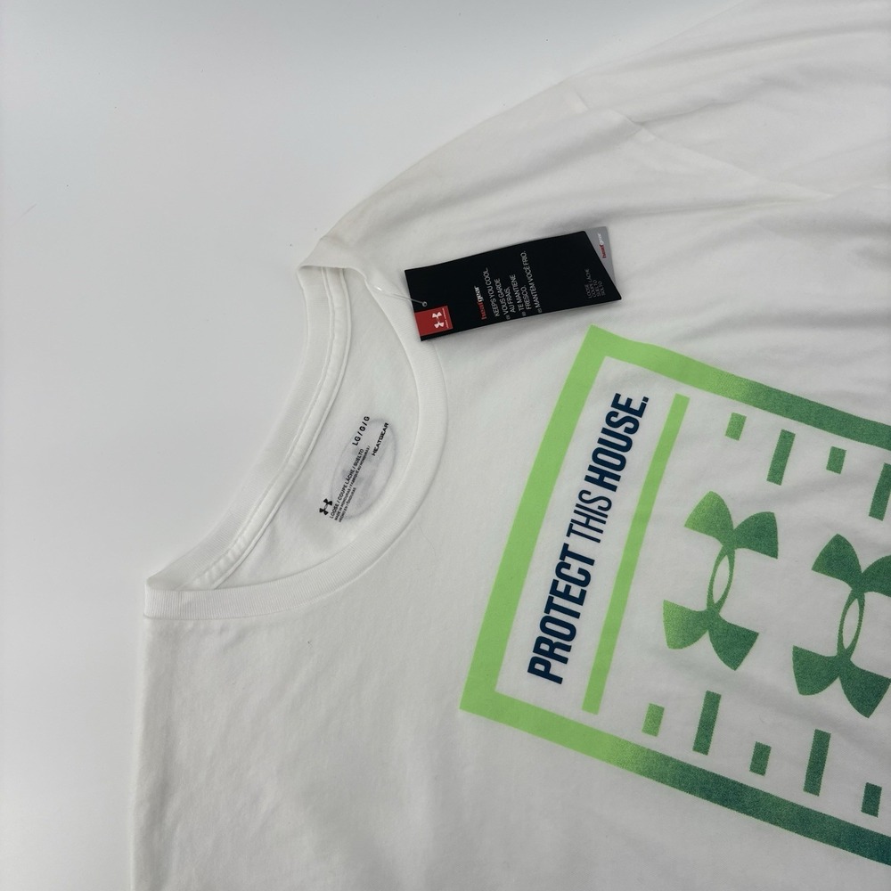 Under Armour Heat Gear "Protect This House" White T-Shirt Green Graphics Size L